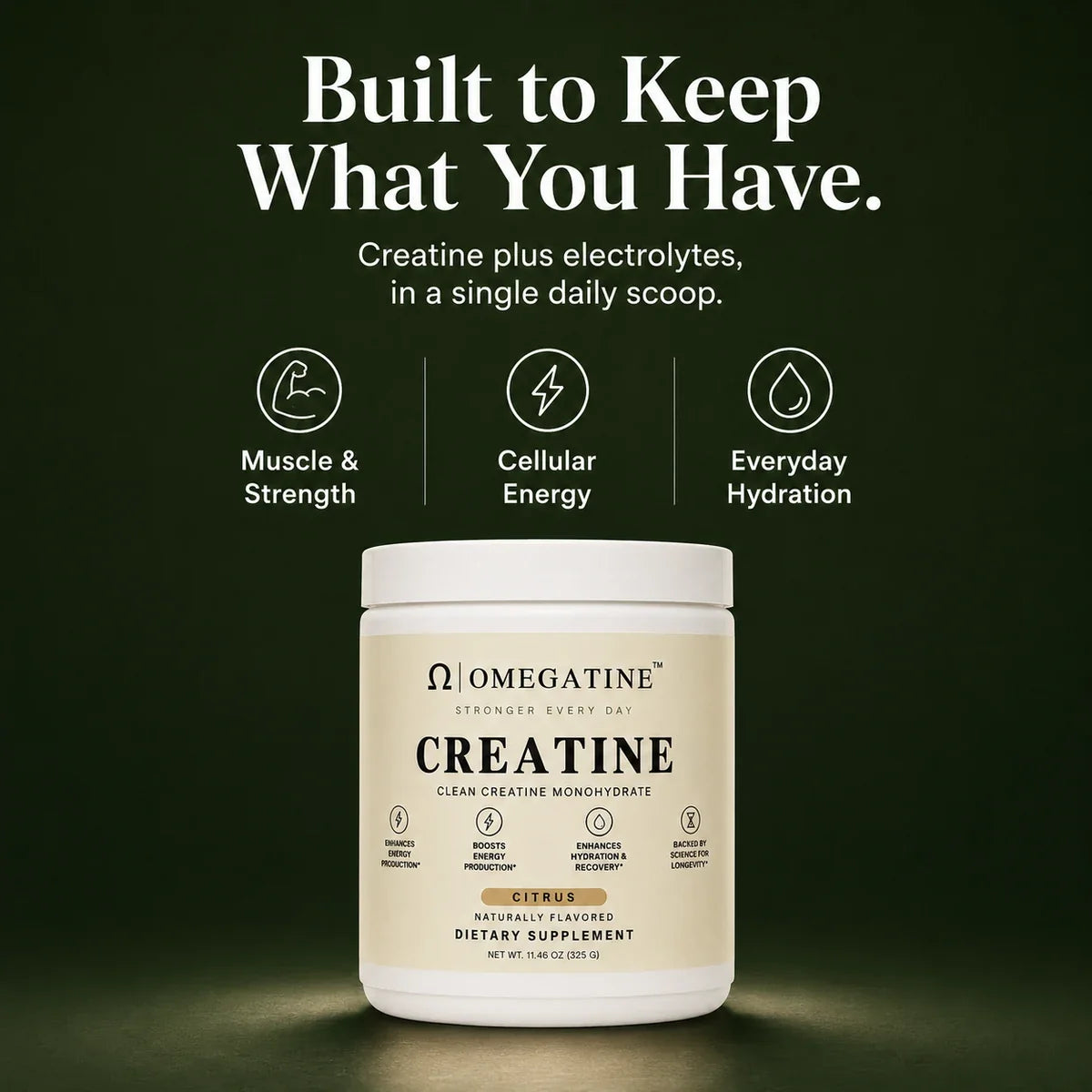 Built to keep what you have: OMEGATINE creatine plus electrolytes for muscle and strength, cellular energy and everyday hydration