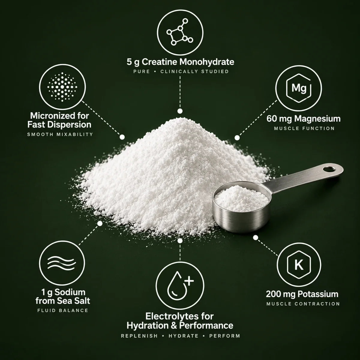 OMEGATINE creatine composition: 5 g creatine monohydrate, 60 mg magnesium, 1 g sodium from sea salt and 200 mg potassium, micronized for fast dispersion
