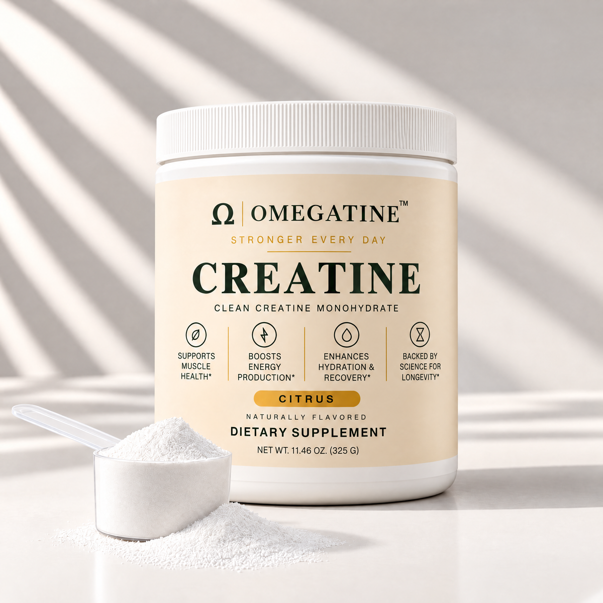 OMEGATINE Creatine citrus tub with a scoop of powder